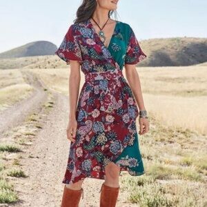 Sundance Women's Floral Satin Flutter Sleeve Faux Wrap Dress- Size Petite Small‎